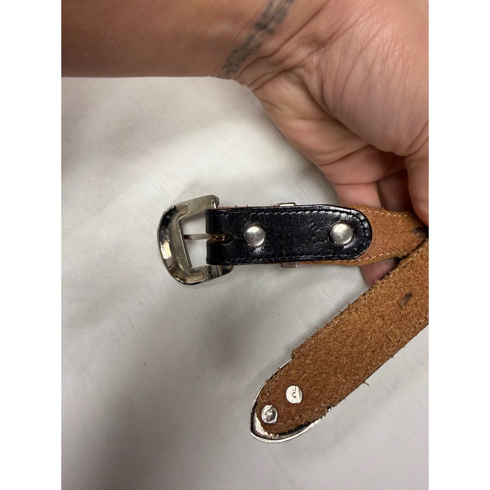 Vintage Black Genuine Leather Western Concho Belt SilverTone Buckle Boho Cowgirl - Picture 3 of 4